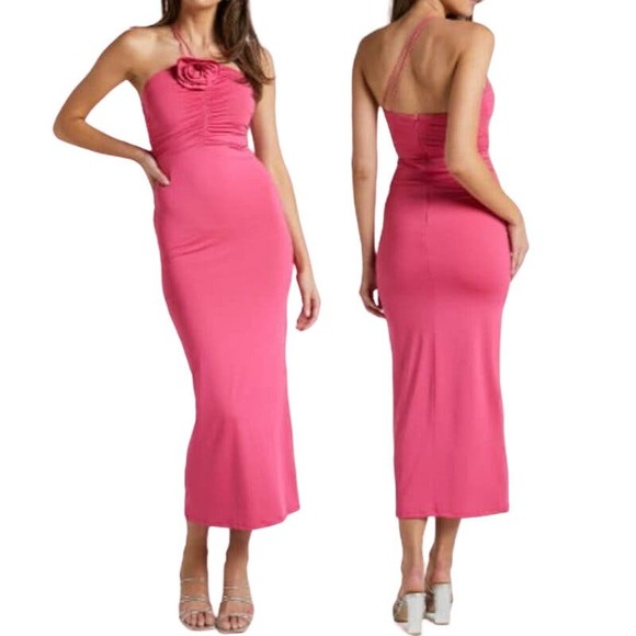 NWT Showpo Teagan Bodycon Ruched Asymmetric Strap Rosette Midi Dress Mulberry 2 - Picture 1 of 8